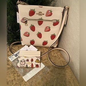 Coach NWT Mini Rowan File Bag With Strawberry Print &Creature Mini ID